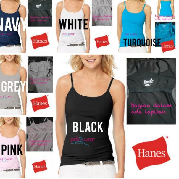 Full Jaminan Hanes tanktop cotton stretch built-in shelf bra black / white/ pink/ navy/ grey/ turquo