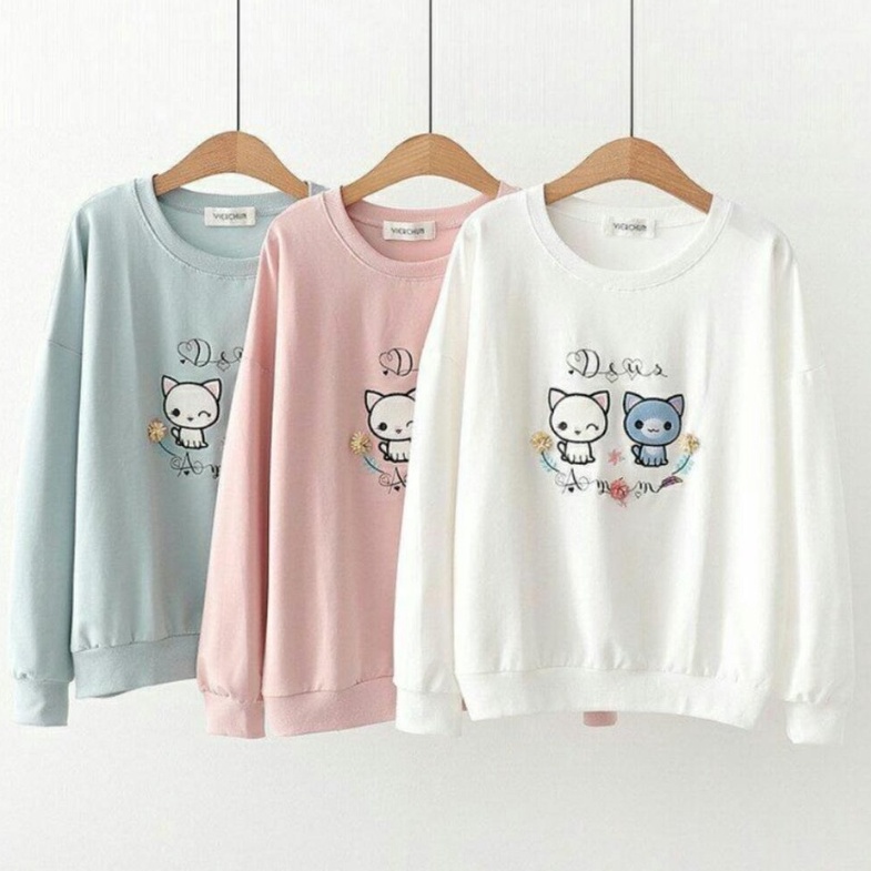 SWEATER WANITA CAT FLORAL // SWEATER WANITA LUCU PREMIUM FLEECE TEBAL LEMBUT TERBARU,