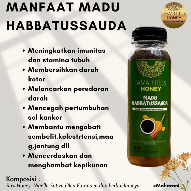 

Madu herbal habbatussauda java hills honey 330 gram, 100% madu murni ditambah dengan herbal pilihan untuk pengobatan jantung, kolesterol, hipertensi