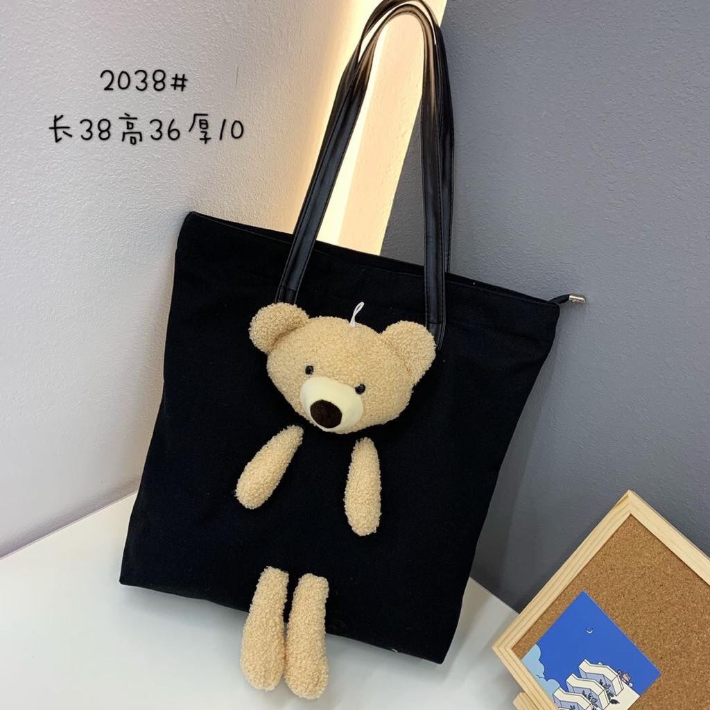 Tas Tote Bahu Shoulder Bag Wanita Berdiri Ukuran Besar Boneka Beruang Bear Lucu Kanvas Impor 2038#