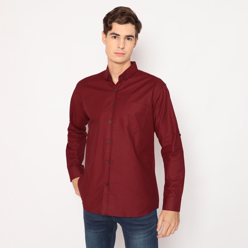 Kemeja Pria Lengan Panjang Polos Basic Slimfit Hem Merah Maroon