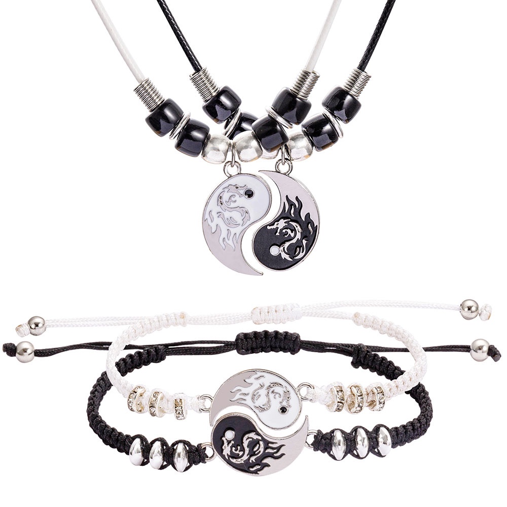 Set Gelang Rantai Kepang Adjustable Dengan Liontin Naga Yin Yang Tai Chi Gosip Bahan Alloy Untuk Pasangan