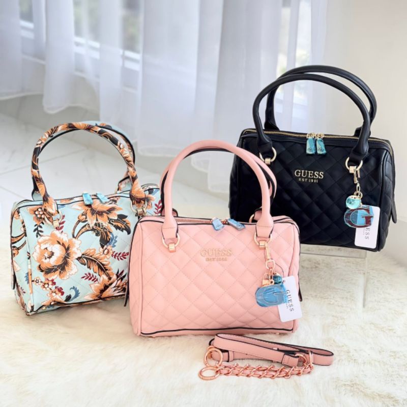 PROMO SALE Tas Guess speedy sling bag selempang jinjing hitam pink bunga black pink flower