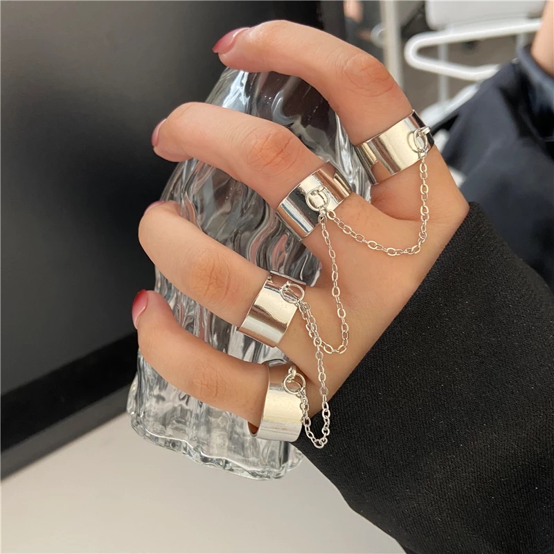 Fashion Simple Punk Style Geometry Chain Link Multiple Finger Adjustable Opening Rings