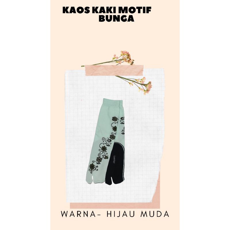 KAOS KAKI JEMPOL NYLON MOTIF BUNGA MUSLIMAH DEWASA TAPAK HITAM-Bunga Hijau muda