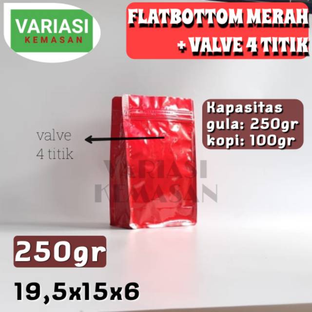 Kemasan Kopi Gusset Flatbottom Merah 250gr VALVE 4 TITIK