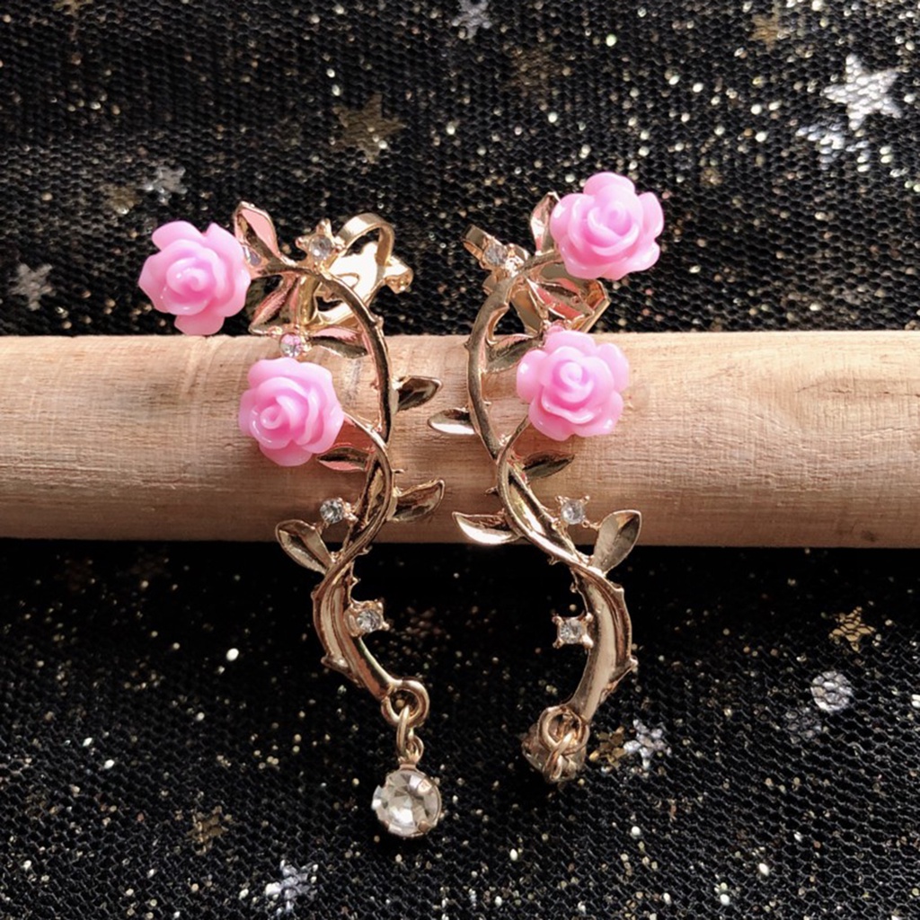 Hu Hu Hu Hu Hu Alat Bantu Pasang Kacamata♡ 1 Pasang Anting Klip Bentuk Bunga Mawar Aksen Berlian Imitasi Untuk Wanita