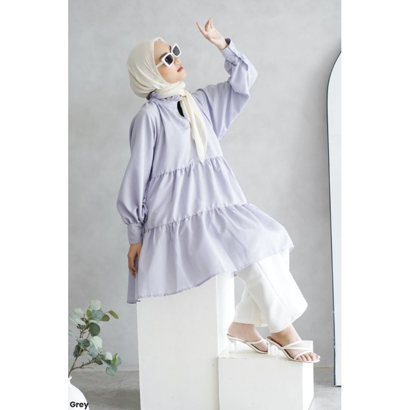 ruffle puff tunic casual dress wanita