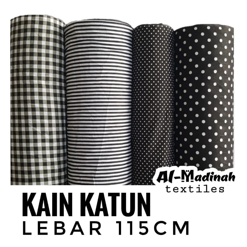 KAIN KATUN WARNA HITAM METERAN // MOTIF KOTAK, SALUR STRIP BLASTER, POLKADOT