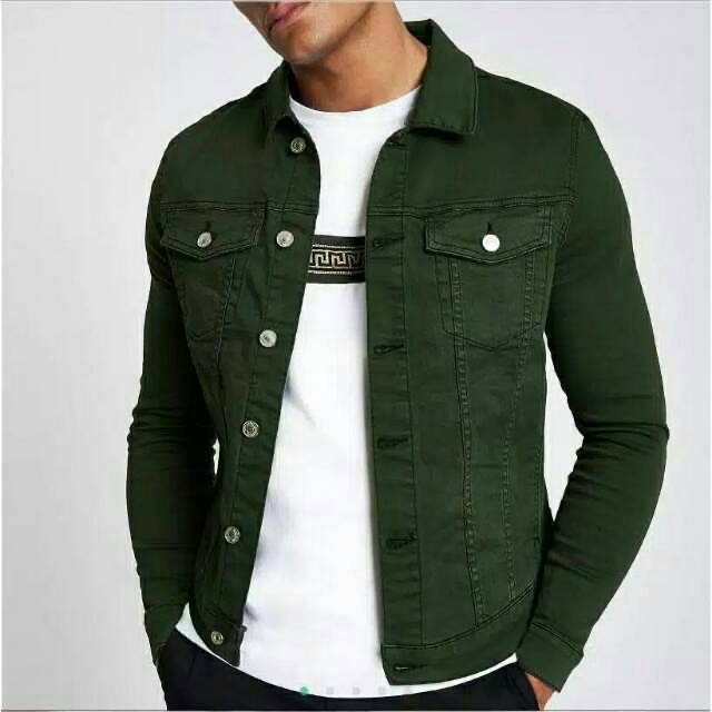 (BISA COD) jaket jeans hijau tua,green army saku dalam pria