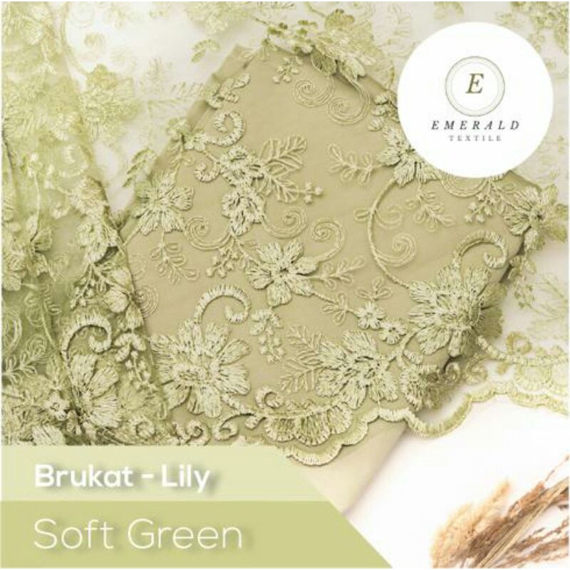 SETENGAH METER Kain Brokat Tile Prancis Bahan Kebaya Motif Lily - Soft Green/Avocado ( HARGA PER 50cm KAIN )