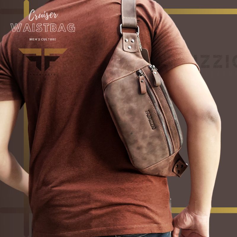 tas waistbag / chestbag double zipper kulit asli crazy horse
