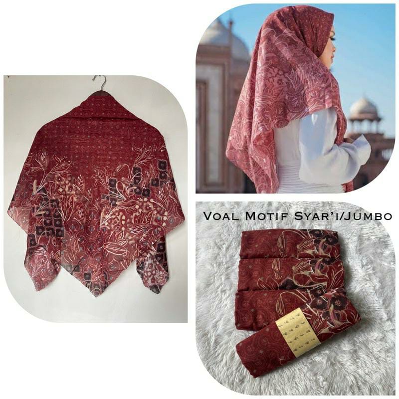 NEW JILBAB HIJAB VOAL MOTIF SYAR'I 130X130 PREMIUM SQUARE LASERCUT KERUDUNG SEGI EMPAT-RANI MERAH