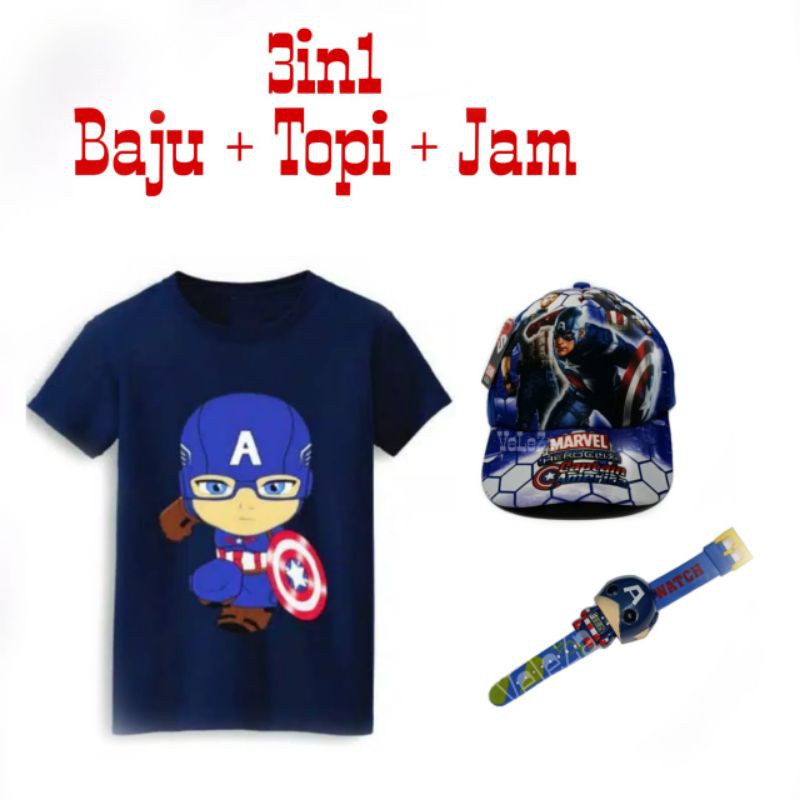 Paket 3in1Atasan Anak Baju Kaos Captain America + Topi + Jam Tangan