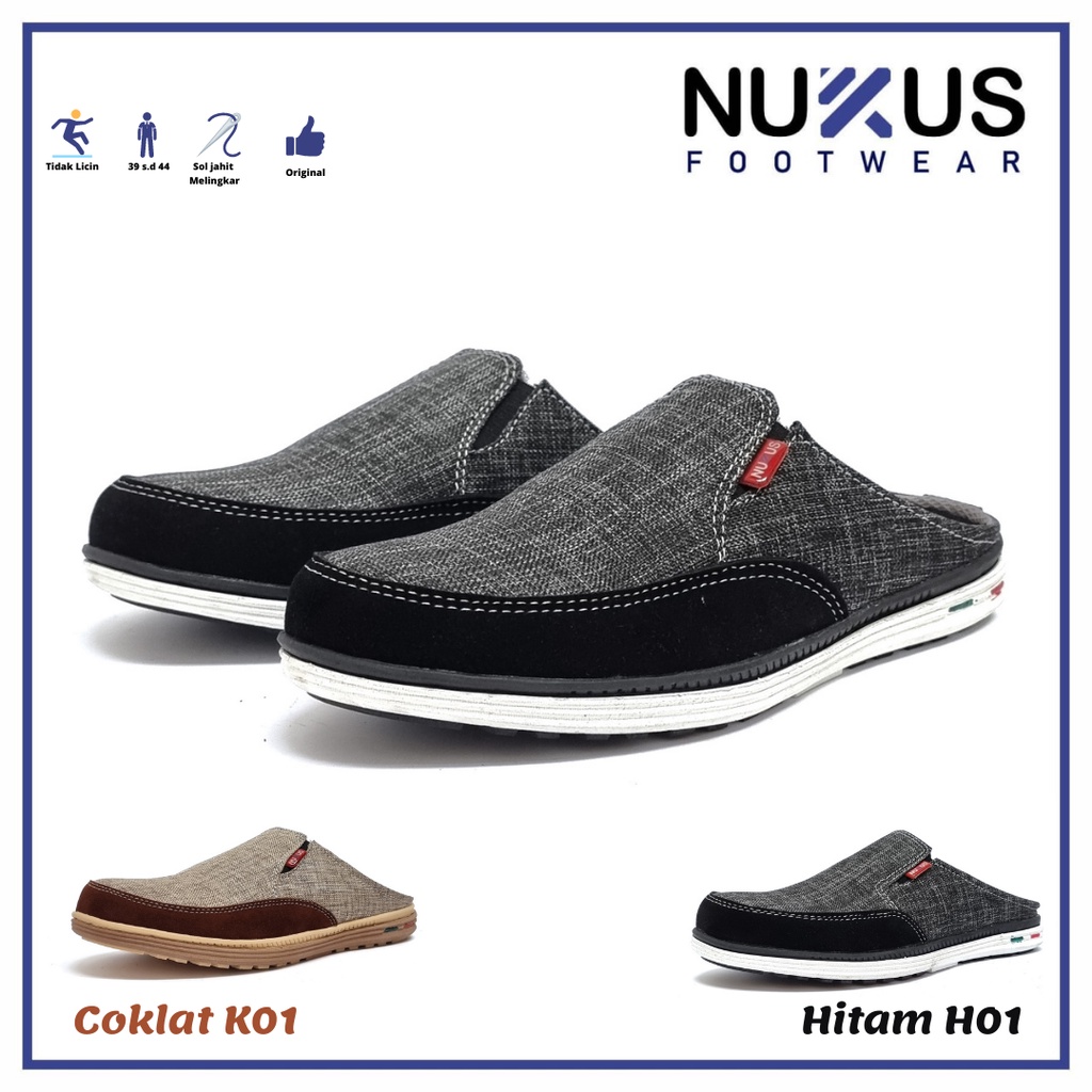 Nukus Sendal Selop Pria Bustong Sandal Kasual Santai Hitam dan Krem  - 01