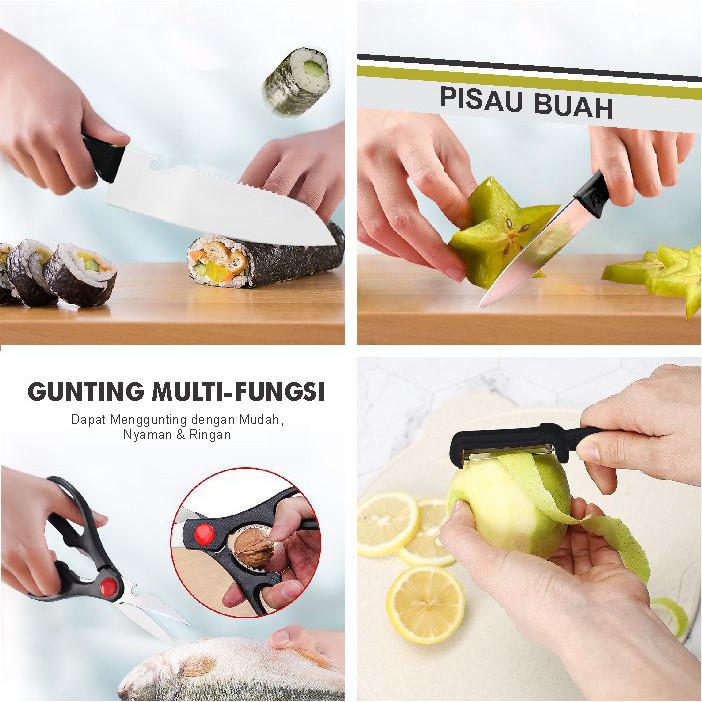 Set Pisau Dapur 4pcs in 1 Hitam Kitchen Chef Knife Gunting Peeler Pisau Buah Peralatan Dapur Import - J9 - Comforthomes