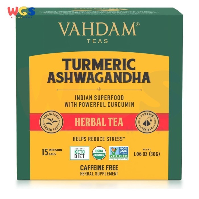 

(BISA COD) Vahdam Teas Turmeric Ashwagandha Herbal Tea 15 Infusion Bags (30 g)