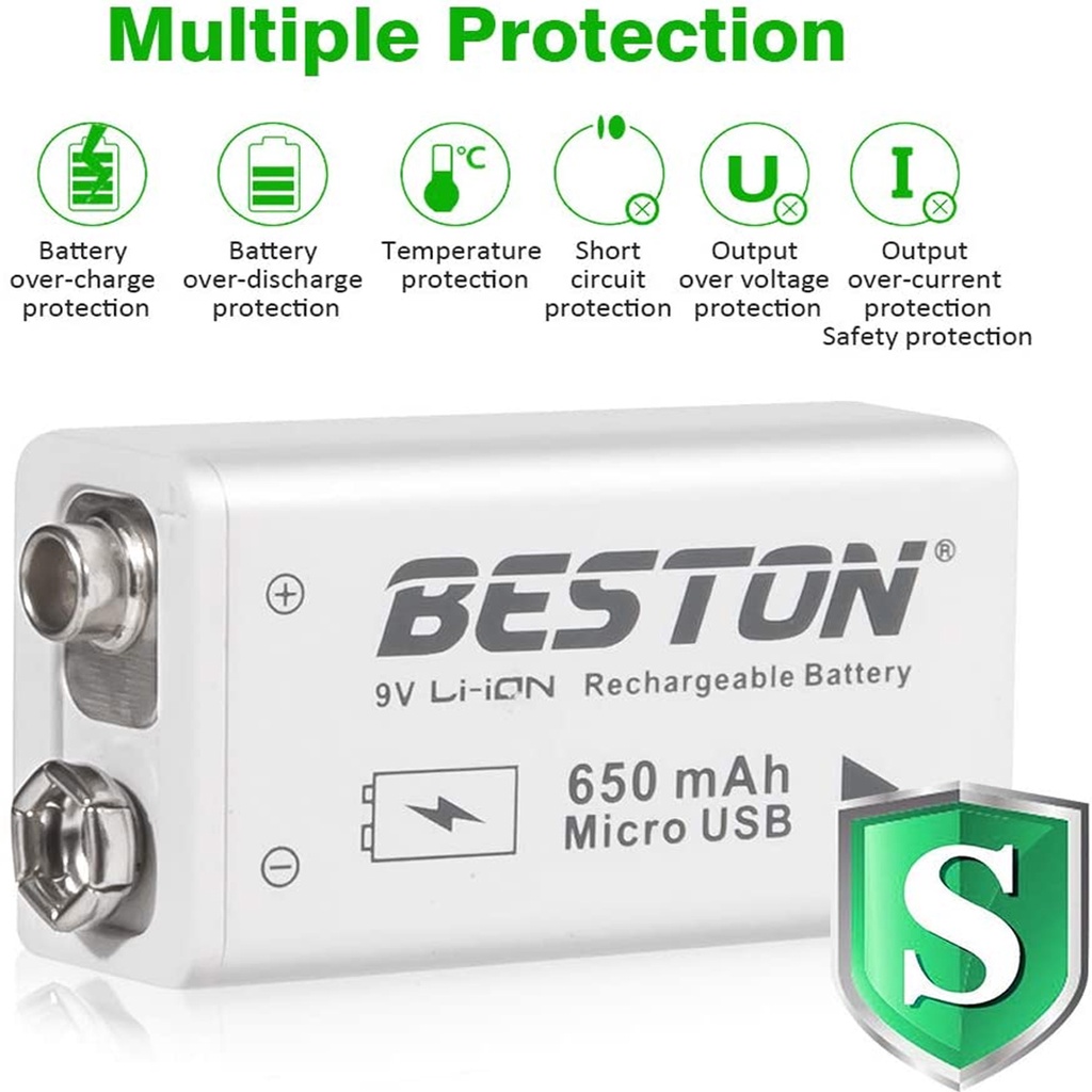 Baterai Isi Ulang BESTON 9V, Baterai Isi Ulang Li-ion 650mAh 9 Volt dengan Pengisian Mikro USB