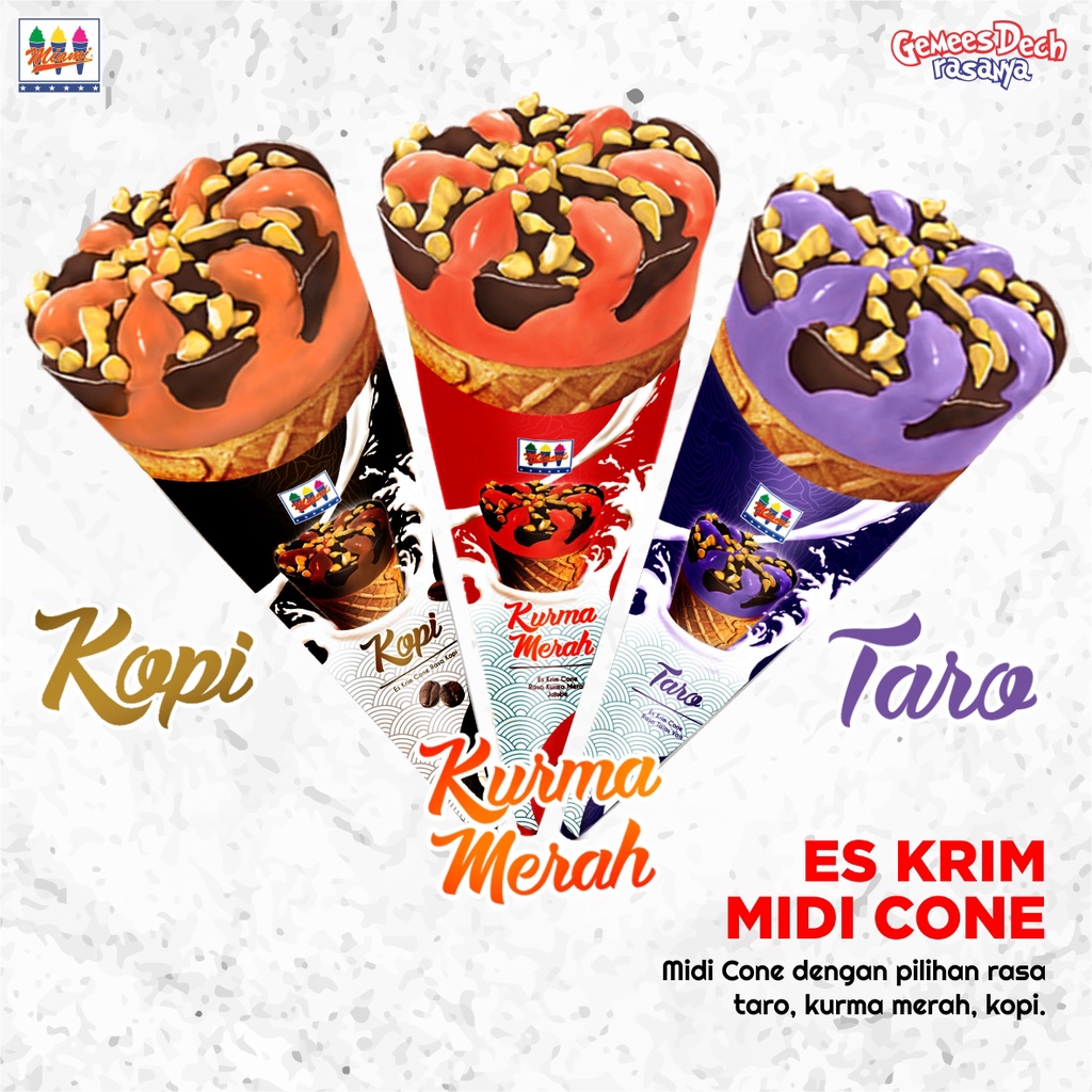 

Es Krim MIAMI Midi Cone Trio (Taro, Kurma & Kopi) isi 48 cone