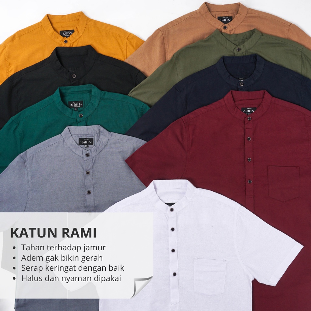 Baju Koko Pria Lengan Pendek Kemko Kemeja Muslim Dewasa Kerah Sanghai Kokoh Taqwa Polos Katun Rami Premium