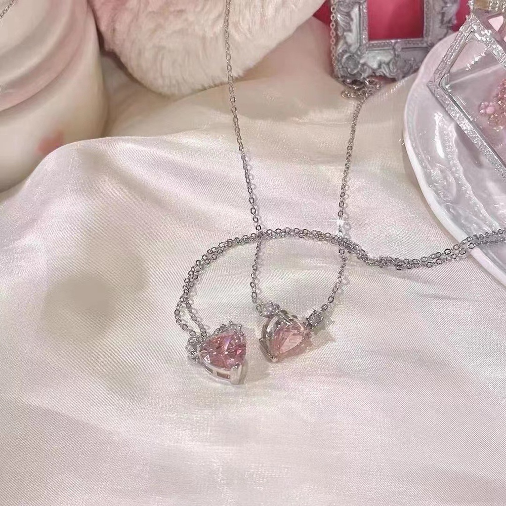 Kalung Rantai Klavikula Hias Liontin Hati Kristal Warna Pink Untuk Hadiah Valentine