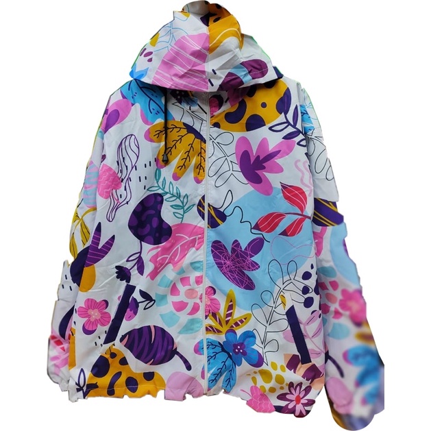 JAKET PARASUT PRINTING WANITA ANTI AIR WATERPROOF free masker OLAHRAGA SEPEDA-Rainbow leaf art
