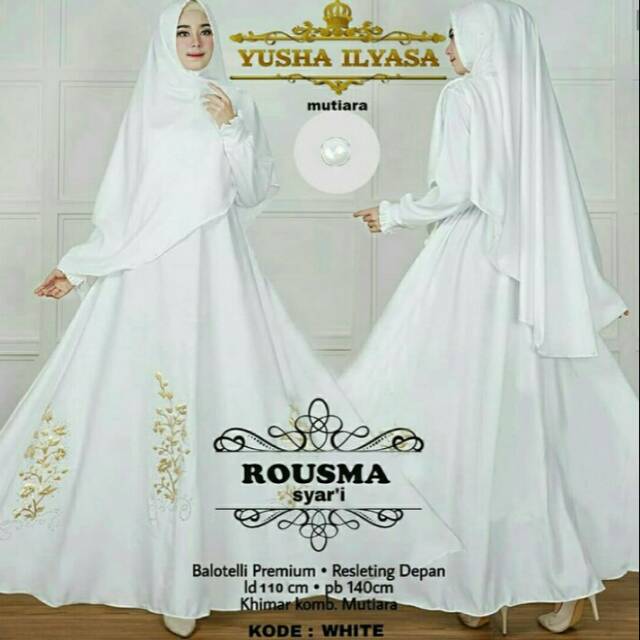 Busana Gamis Rousma Baju Lebaran Wanita Motif Bunga Warna Putih
