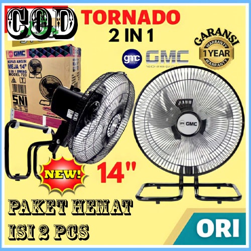 PAKET ISI 2PCS KIPAS ANGIN DINDING KIPAS ANGIN MEJA 2 IN 1 GMC 723 ISI 2PCS Pendingin Ruangan 14 Inch Wall Fan Desk Fan Baling Baling FULL Besi 45 Watt