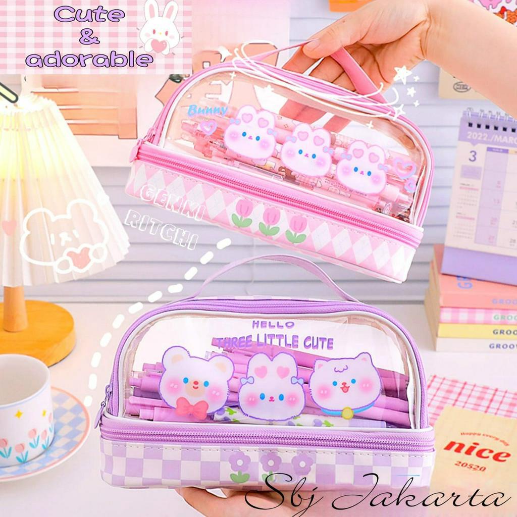 Tempat pensil Kotak Pensil anak cewek waterproof Trio Cutie Kapasitas besar Premium