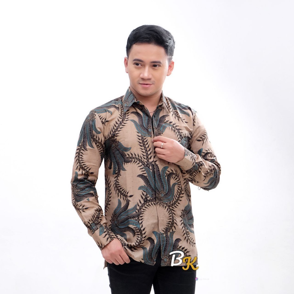 Batik Pria Lengan Panjang BATIK BERKAH HRB026 motif KERATONAN Kode 002 size M L XL XXL Reguler-kobes hijau