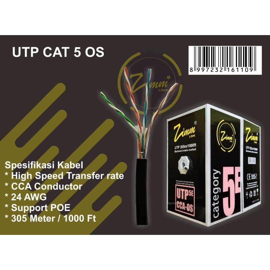 Zimmlink Kabel UTP Cat5 OS Outdoor Cat 5 Cat5e CCA-OS Hitam