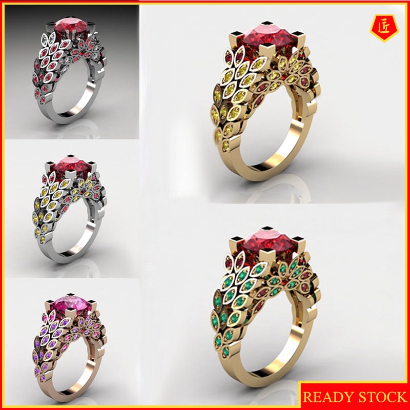 [Ready Stock]Creative Inlaid Ruby Leaf Ring 18K Gold