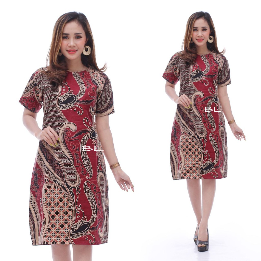 PAKAIAN BATIK WANITA JUMBO DRESS  XXXXL / 4L LENGAN PENDEK MOTIF ABSTRAK MERAH BIRU MODEL BARU-01