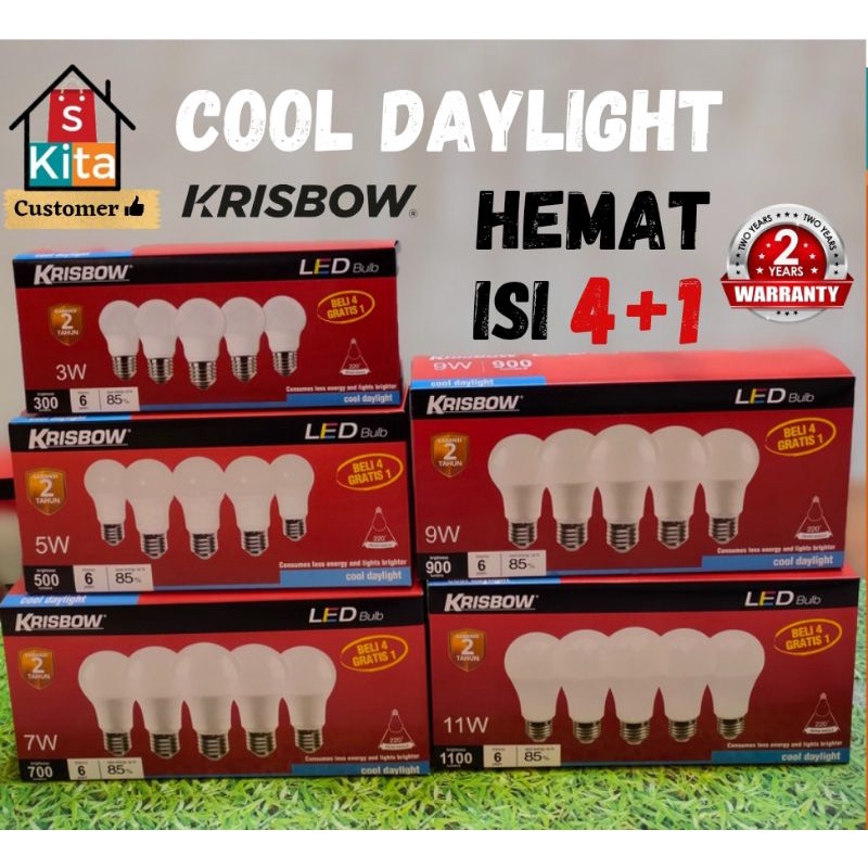 Lampu Bohlam LED KRISBOW 3/5/7/9/11 Watt/ Putih & Kuning/Lampu bohlam/bulb/Set Lampu/lampu serbaguna