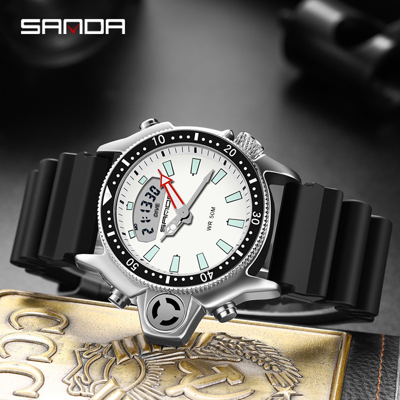 SANDA 3008 Jam Tangan Pria Wanita Digital Analog Dual Time Tali Rubber Anti Air WATCHKITE WKOS