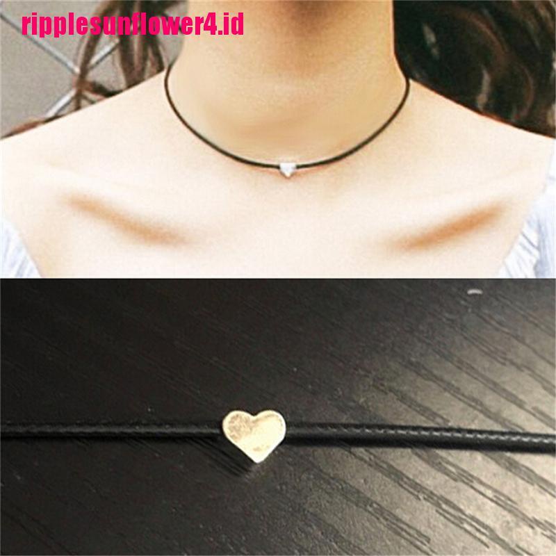 Kalung Rantai Choker Bahan Kulit Imitasi Warna Hitam Aksen Hati Gaya Vintage Untuk Wanita