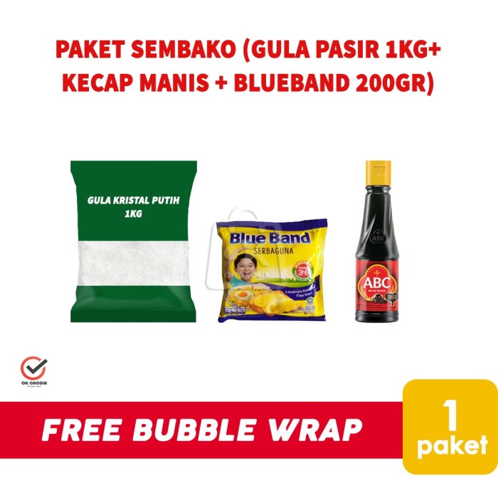 

Paket Sembako Gula Pasir 1kg + Blueband 200gr + Kecap Manis 133ml