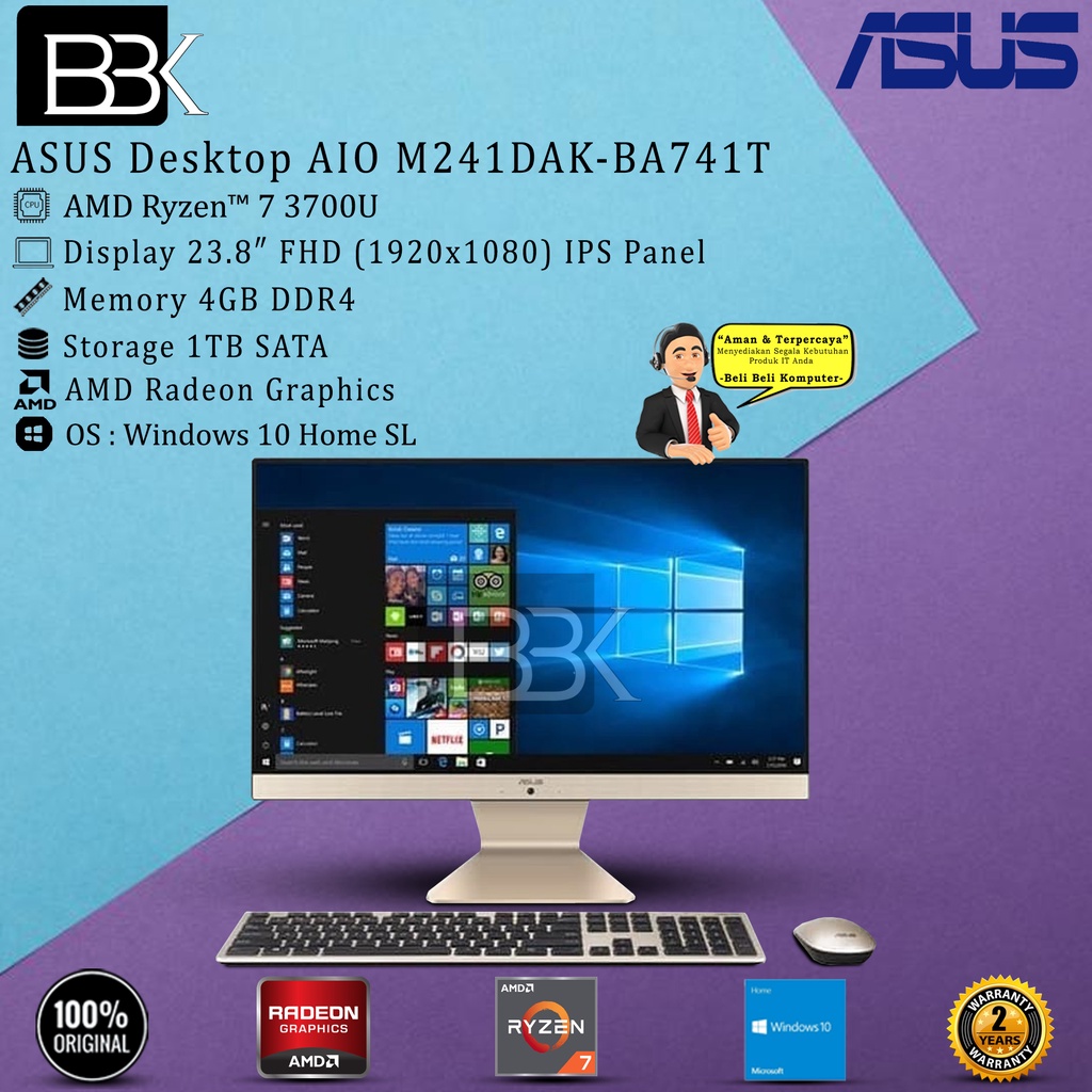 PC ASUS M241DAK-BA741T/WA741T AIO RYZEN 7-3700U 4GB 1TB W10HSL 2Yr