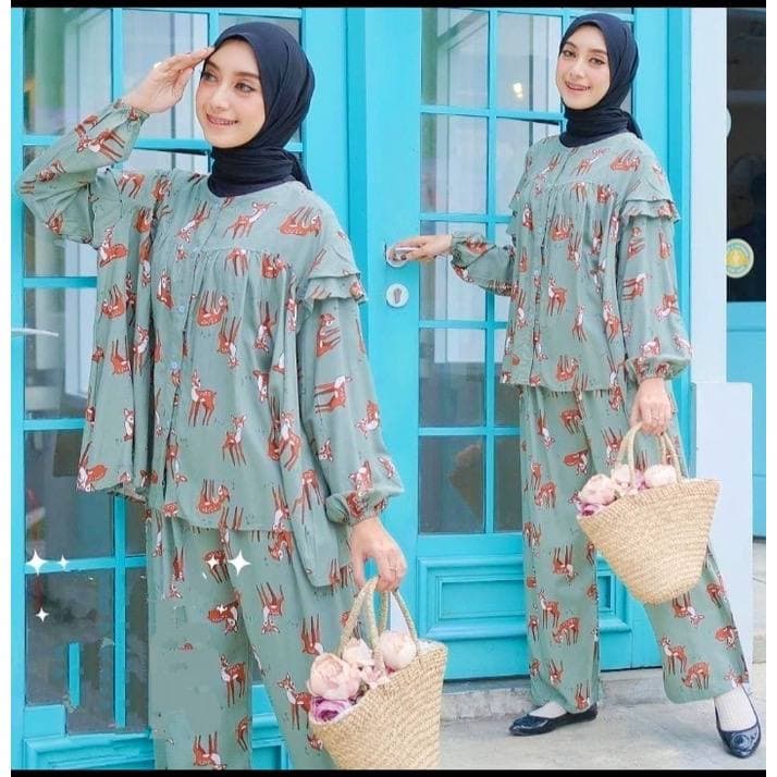 One Set Wanita Rayon Viscose Premium Setelan Piyama Rayon Pyjamas Kekinian Set Premium