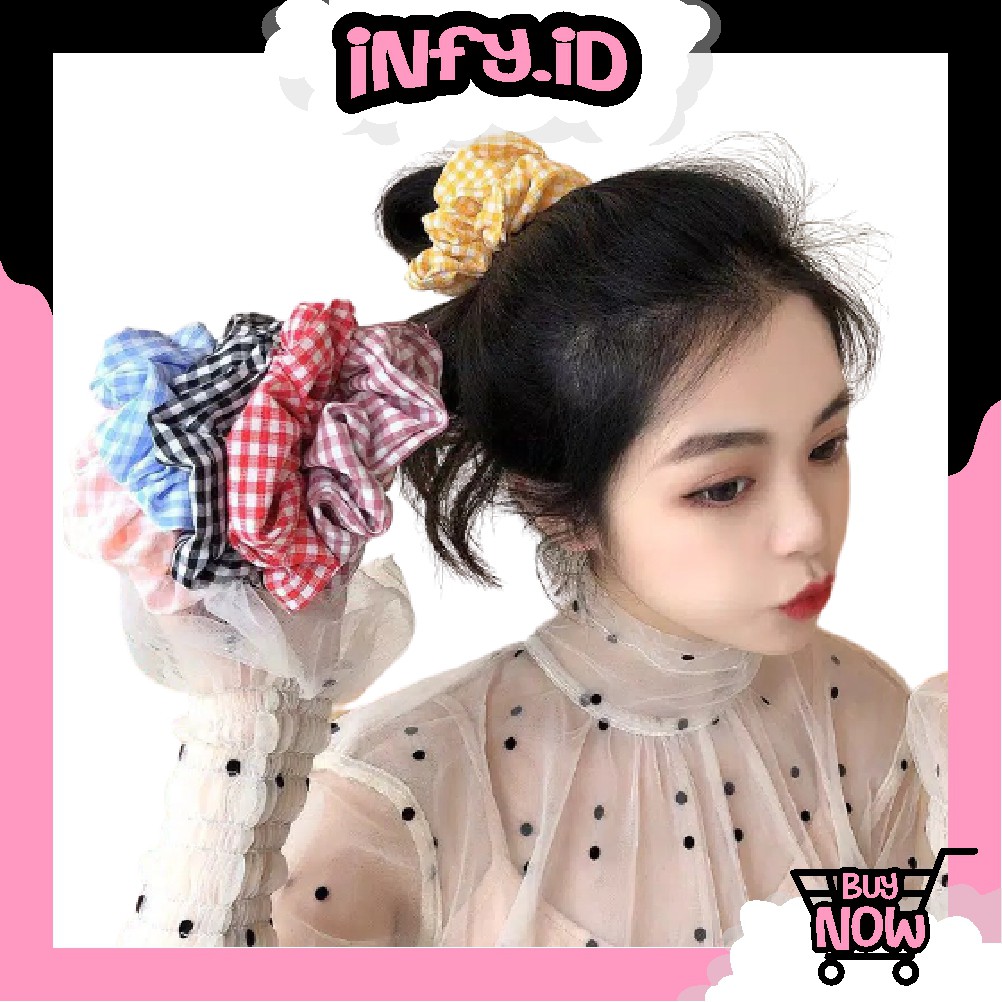 INFY - Ikat Rambut Motif Garis Kotak-Kotak Scrunchie Bunga Tali Aksesoris Karet Rambut Korea R184