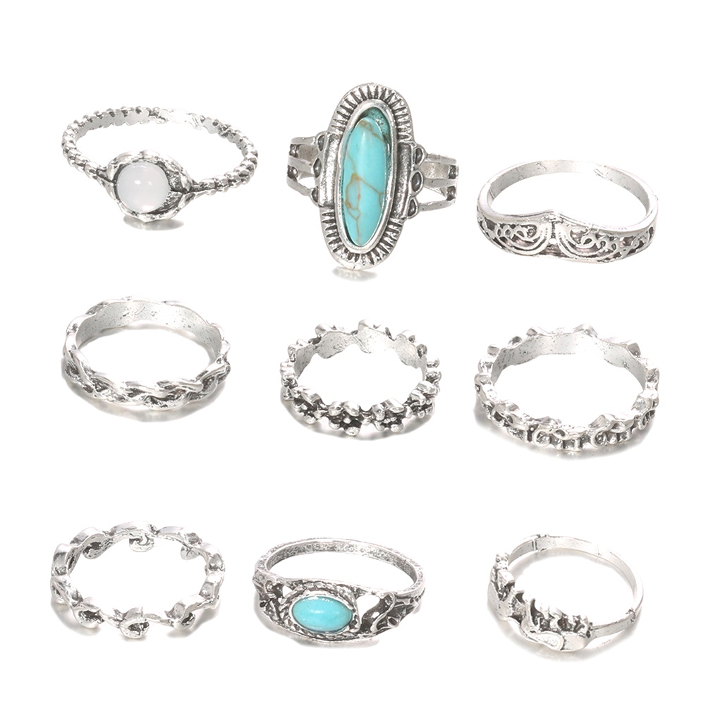 Hu Hu Hu Hu Hu Alat Bantu Pasang Kacamata♡ 9 Pcs / Set Cincin Jari Gaya Retro Bohemian Aksen Turquoise Imitasi Untuk Wanita