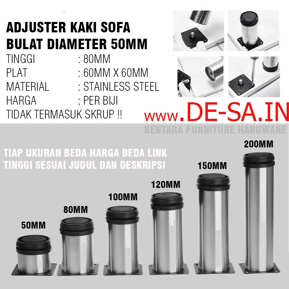 8 CM Kaki Meja Sofa 80MM - Silinder Bundar 50MM High Quality Adjustable Stainless Steel Table Leg (Tinggi 8CM = 80 MM)