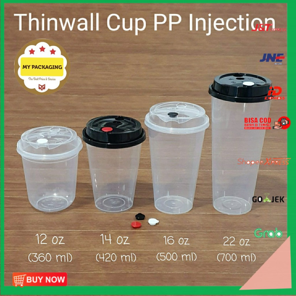 Gelas Plastik Boba / Thinwall Cup PP Injection 700ml 24oz (Cup+lid+stopper) PREMIUM-(25set)