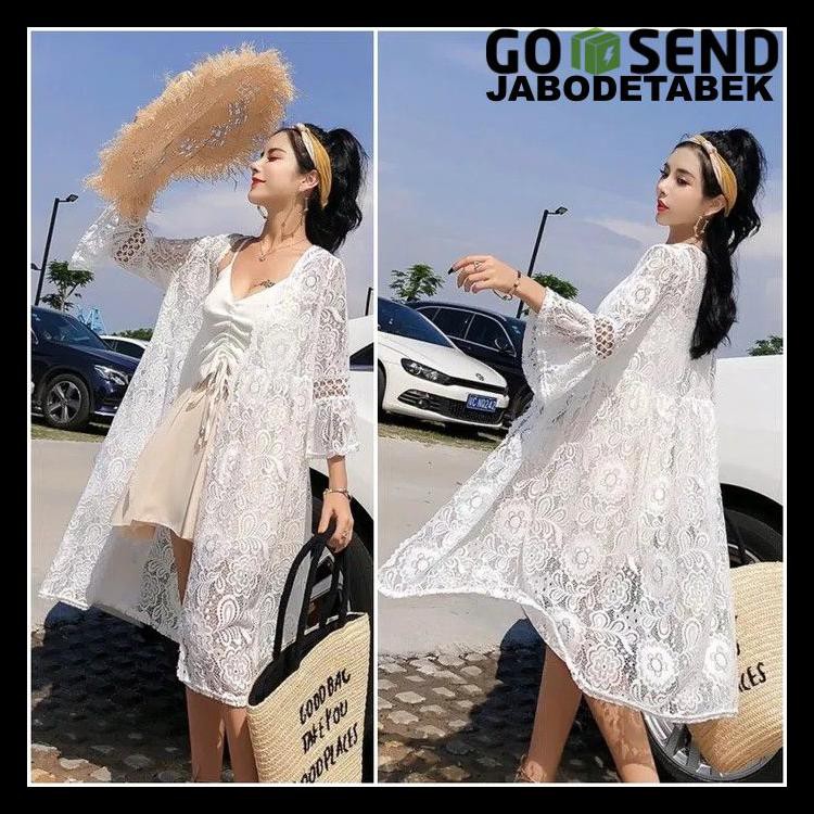 Long Lace Outer Cardigan Renda Pantai Putih Boho Bohemian Bikini Cover