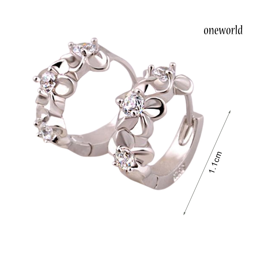 OW@ Women Shiny Rhinestone Flower Silver Plated Hoop Earrings Ear Clips for Party