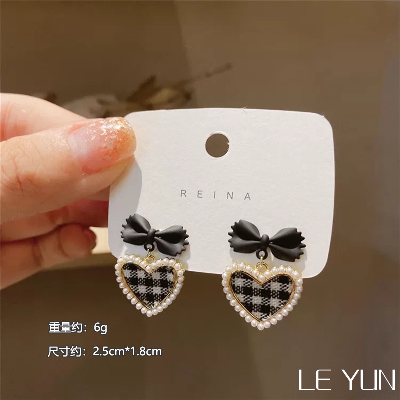 Lattice Love Bowknot Earrings Fashion Pearl Earrings Temperament Peach Heart Earrings Japanese and Korean Jewelry