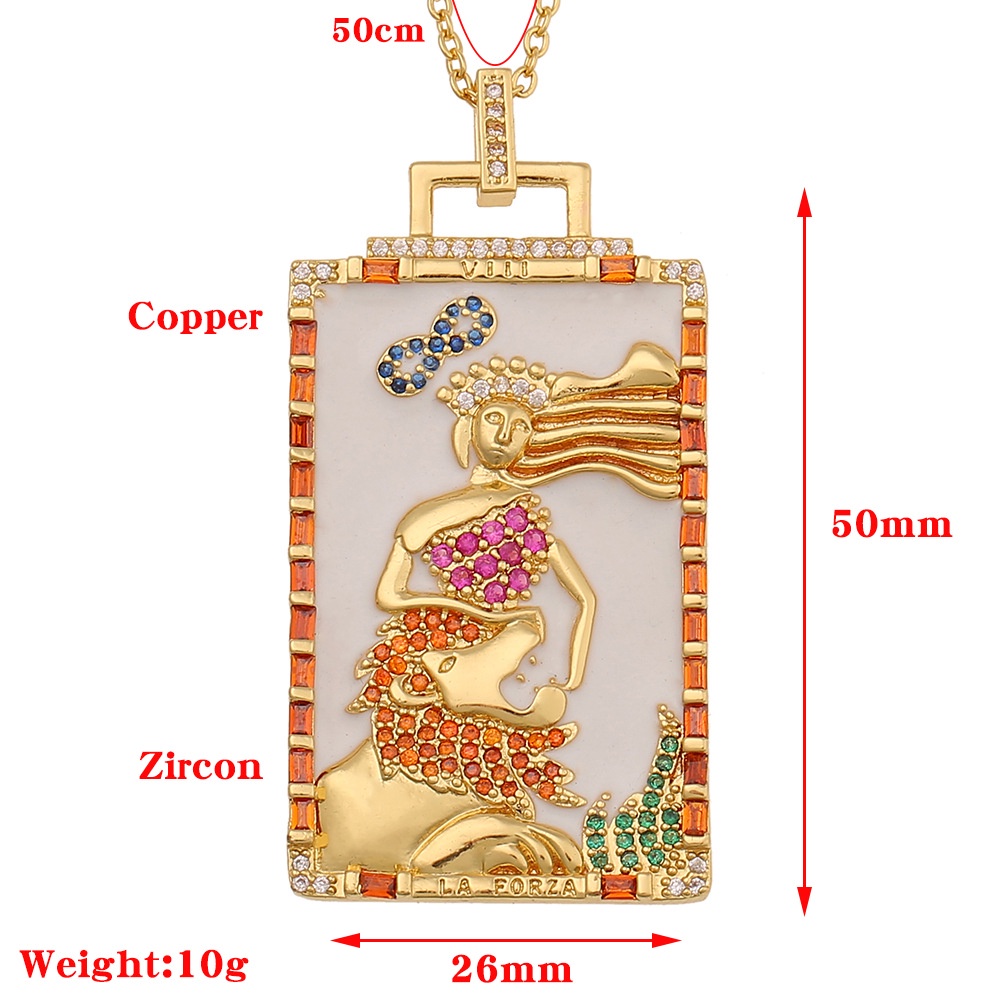 Ornamen tembaga menetes zircon liontin persegi panjang pelangi tarot bulan Eropa hip hop kalung