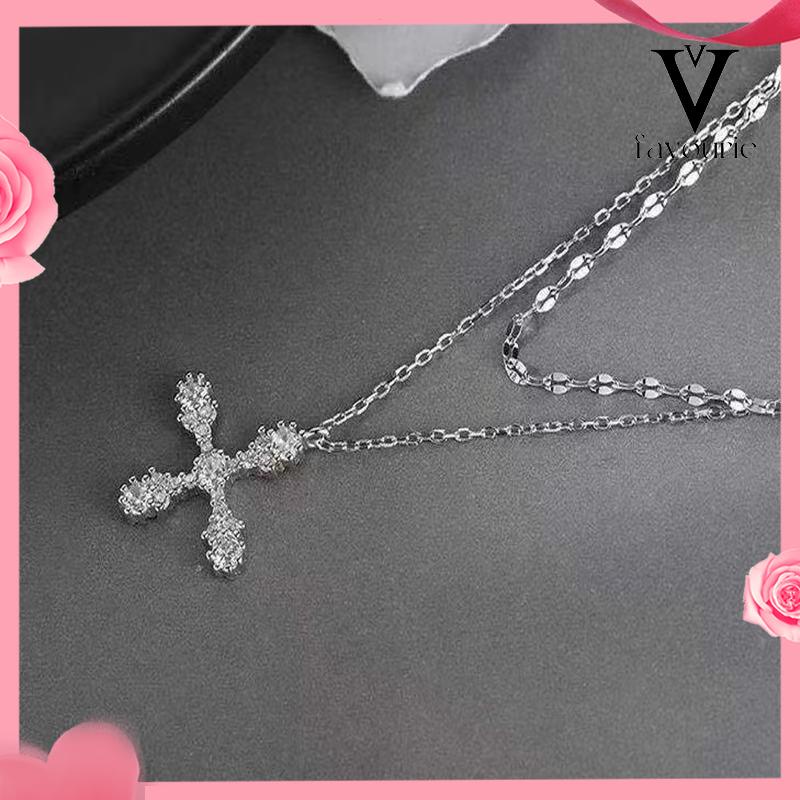 [COD]Hip Hop Cross Double Layer Necklace Feminin Fashion Micro Inlaid Zircon Pendant-FA