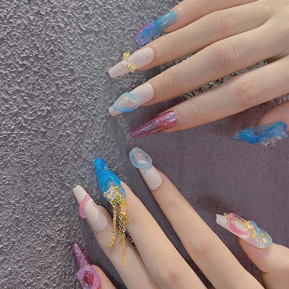 Mxbeauty Kuku Seni Berlian Imitasi Mewah Planet Pesona Rumbai Rantai Logam Zirkon DIY Perhiasan Nail Art