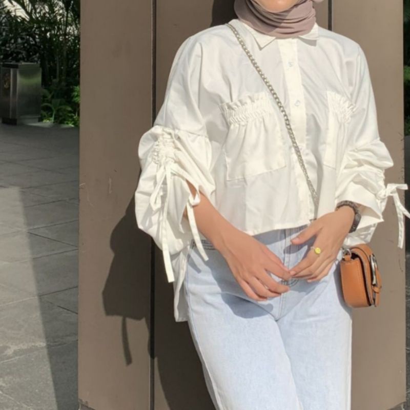 Kemeja Blouse Katun Toyobo Premium Ld 115cm Panjang 65cm Serut Lucu Korea Saku Pocket Kanan Kiri Ter